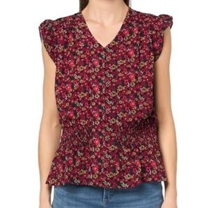 Tommy Hilfiger Cap Sleeve Smocked Waist Blouse Red Navy XL